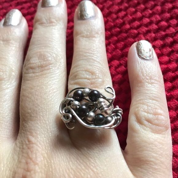 Silver & Pearl Wire Wrapped Ring - Picture 2 of 3